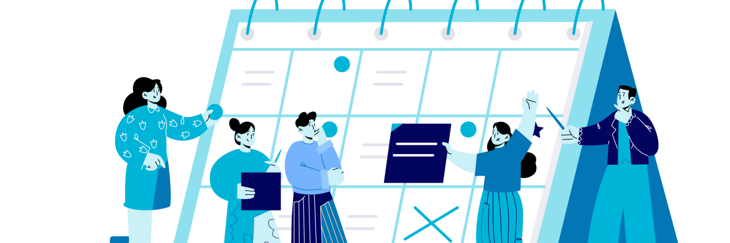 illustration of people around large calendar